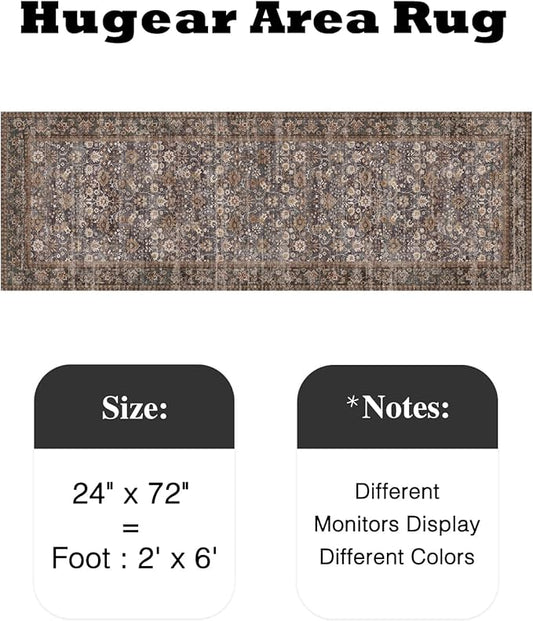 HUGEAR 2x6 Runner Rug Machine Washable Tradition Brown Hallway Area Rugs Indoor Accent Rugs Floral Low Pile Carpet Distressed Throw Rug Bedroom Living Room Office Dining Kitchen Laundry Non Slip
