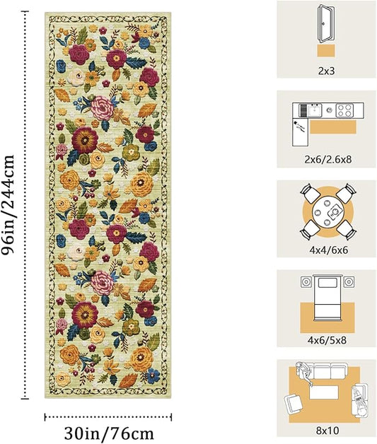 2'6''x8' Machine Washable Runner Rug, Kitchen Hallway Area Rug Green Vintage Boho Floral Ultra Non-Slip Low Pile Soft Faux Wool Carpet, Kids and Pets Friendly for Bedroom Entryway Nursery Decor Rug
