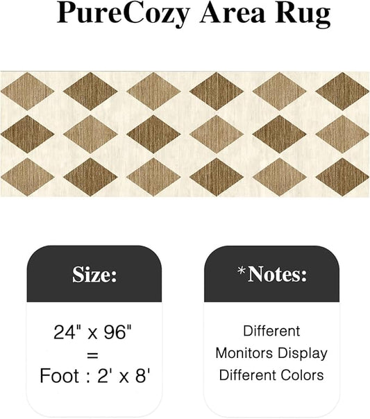 2x8 Runner Checkered Rug for Hallways Brown Washable Long Carpet Non-Slip Low Pile Boho Indoor Accent Throw Rug for Entrance Kitchen Bedroom Dining Laundry