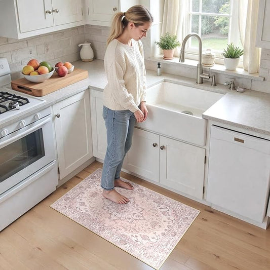 Area Rugs 2'x3' Washable Non-Slip, Floral Vintage Distress Print Pattern Medallion Carpet for Living Room Bedroom Dining Room, Pink Greypink Cute