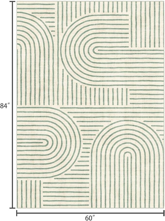 Washable Area Rug 5x7 - Boho Living Room Rug Soft Indoor Carpet Ultra-Thin Sage Green Modern Abstract Rainbow Rugs for Bedroom Dining Room Nursery Classroom Home Decor