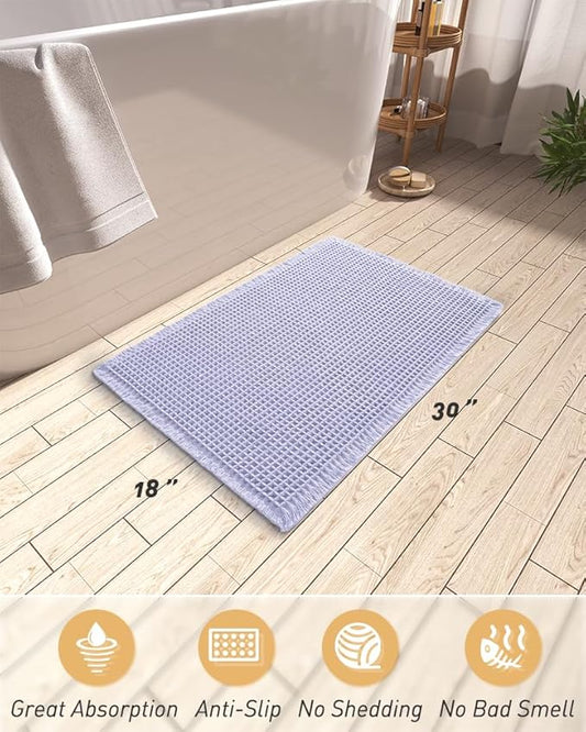 AMOAMI Upgraded Waffle Bath Mat, Super Absorbent Non Slip Bath Mats for Bathroom Floor, Machine Washable Bathroom Rugs with Tassels, Rubber Backed Bathroom Mats, Ultra Soft, 18" x 30",Purple