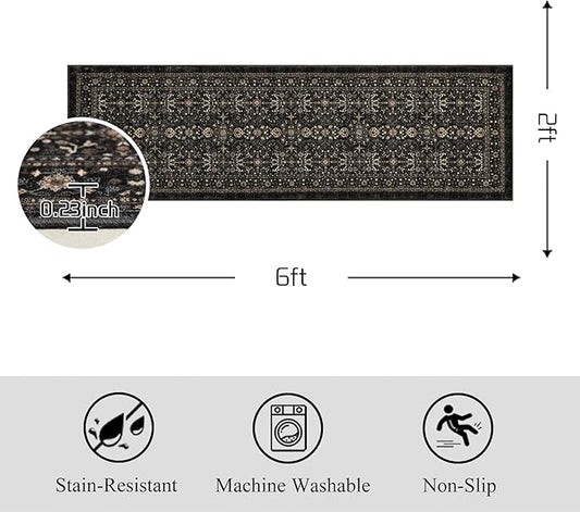 Area Rug Non Slip Machine Washable Ultra Soft Living Room/Bedroom/Kitchen/Outdoor/Classroom Black Grey, 2'×6'
