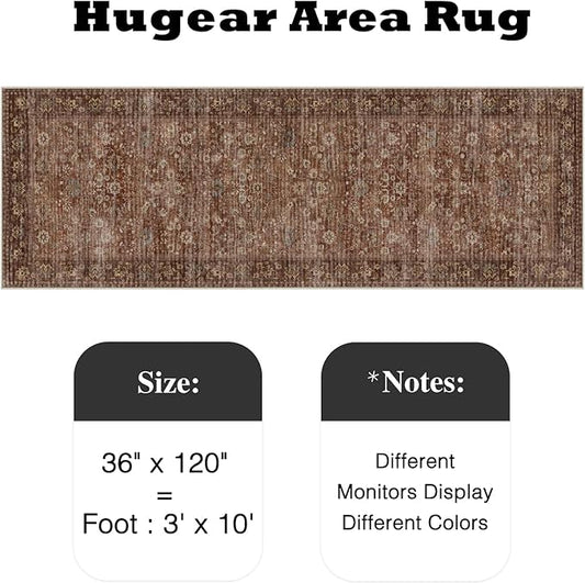 HUGEAR 3x10 Runner Rug Machine Washable Brick Red Hallway Area Rug Indoor Accent Rug Floral Low Pile Carpet Soft Throw Rug Bedroom Living Room Office Dining Room Kitchen Laundry Room Non Slip