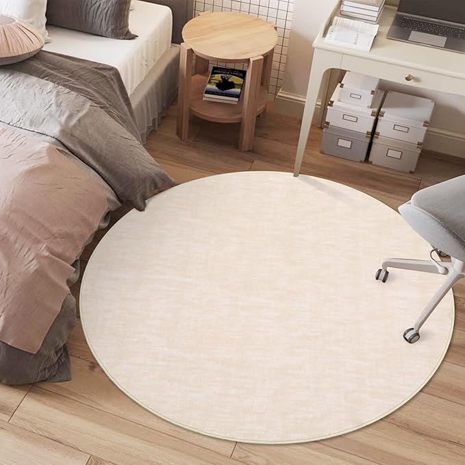 RUGSREAL Washable 4ft Round Rug Modern Solid Area Rug Indoor Non-Slip Throw Carpet Contemporary Area Rug for Bedroom Living Room Nursery, 4' x 4' Round Ivory Beige