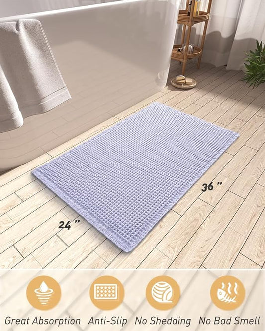 AMOAMI Upgraded Waffle Bath Mat, Super Absorbent Non Slip Bath Mats for Bathroom Floor, Machine Washable Bathroom Rugs with Tassels, Rubber Backed Bathroom Mats, Ultra Soft, 24" x 36",Purple