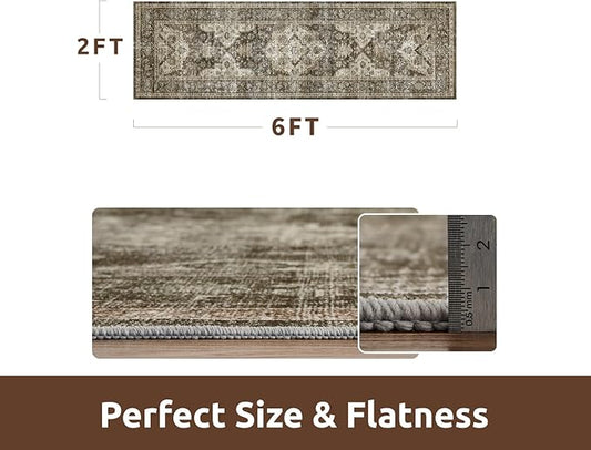 AMOAMI-2X6 Runner Rug-Washable Runners for Hallways-Soft Non Slip Bedside Rugs for Bedroom-Vintage Long Rug for Hallways Entryway Laundry Room Stair Kitchen Bathroom Light Brown/Coffee