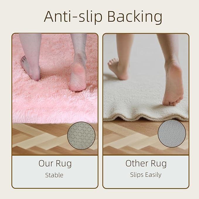 5x7 Solid Fluffy Pink Area Rug – Washable, Durable,Large Living Room Rug, Non-Slip High Pile Shag Rugs for Bedroom, Bedside, Dorms, Nursery Rooms, Kids Room, Soft Indoor Floor Carpet Decor