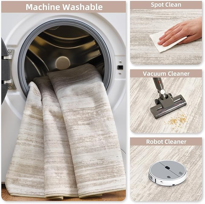 PADOOR Modern Abstract Area Rug - 3x5 Washable Rugs Non-Slip Small Carpet, Ultra Soft Low Pile Floor Rugs for Entrance Front Door Bedroom Bedside Laundry Room Brown