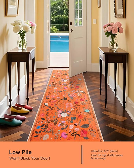 Boho Floral Runner Rug 2x6, Washable Non-Slip Kitchen Rug, Ultra Soft Vintage Carpet for Hallways, Kitchen, Bedroom, Bathroom (Orange)