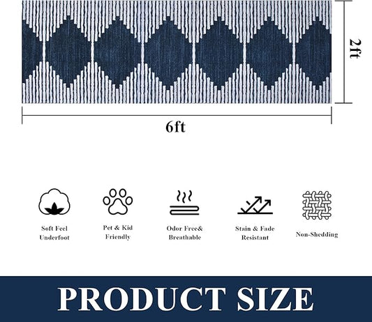 HelloTree Hallway Runner Rug,2x6 Moroccan Modern Stripe Carpet Washable Machine Bathroom Runner Bohemian Design Modern Soft Non Slip Indoor Rug for Entryway Hallway Laundry Room Bedroom-Blue