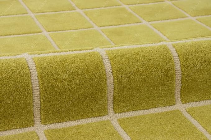 Checkered Wool Area Rug with Scalloped Border, Chartreuse Green & Cream Grid, Hand-Tufted, Soft Cut Pile, Modern Cottagecore Living Room, Bedroom & Nursery Carpet - 7x7 Ft (Round)