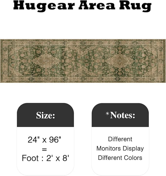 HUGEAR 2x8 Runner Rug Hallway Machine Washable Retro Green Vintage Floral Low Pile Carpet Distressed Long Throw Rug Bedroom Office Bathroom Kitchen Laundry Non Slip Soft Lightweight