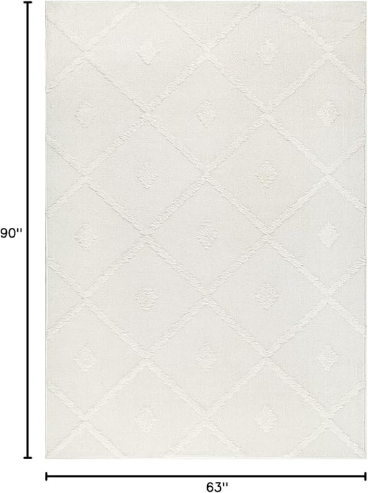 Antep Rugs Palafito 5x7 Geometric Shag Diamond High-Low Pile Textured Indoor Area Rug (White, 5'3" x 7'6")