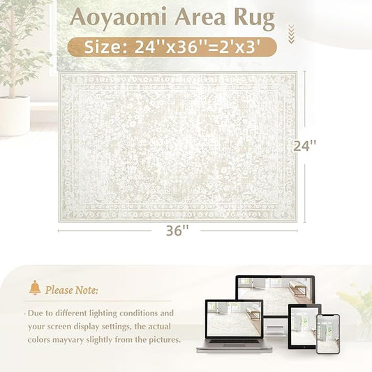Area Rug 2x3 Entryway Rugs - Machine Washable Vintage Boho Area Rug Non-Slip Kitchen Rugs Soft Stain Resistant Indoor Door Mat, Small Floral Throw Rug for Entrance Hallway Bedroom(Cream Beige, 2'x3')