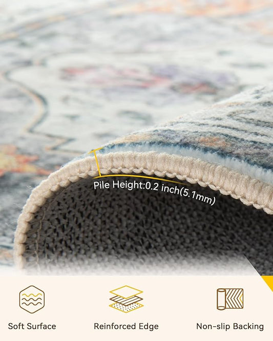 Area Rugs 6ft Washable Non-Slip, Floral Vintage Distress Print Pattern Medallion Carpet for Living Room Bedroom Dining Room, Light Yellow Carbon Grey Orange
