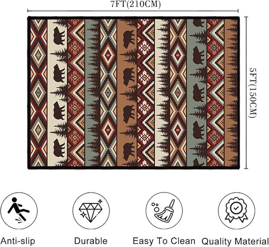 Rustic Cabin Wildlife Area Rug 5x7 Living Room Rug,Bear Moose Deer Country,Vintage Throw Rugs Carpet for Dining Room Washable Bedroom Rug Non Slip Floor Carpets for Office,Kids Playroom