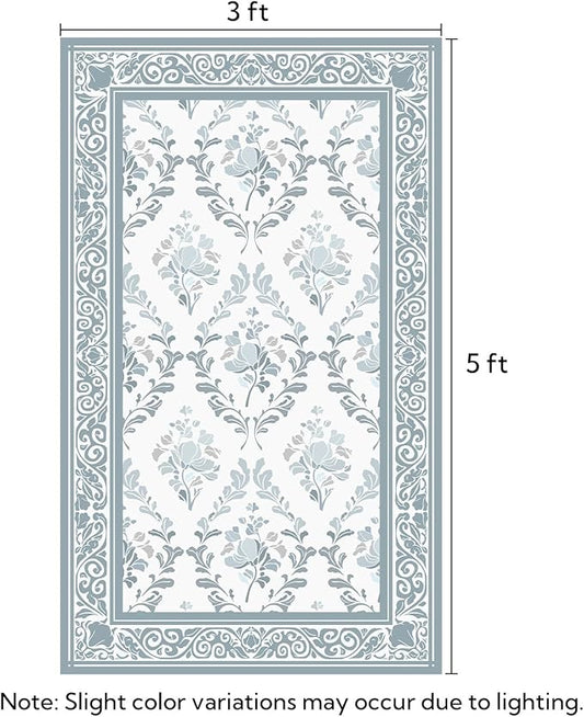 SOULFUL Medium Pile 3x5 Area Rug - Soft Underfoot Small Entryway Rug - Mist Blue Boho Floral - Washable Non-Slip - Perfect for Living Room Bedroom Foot Kids Room Reading Nook