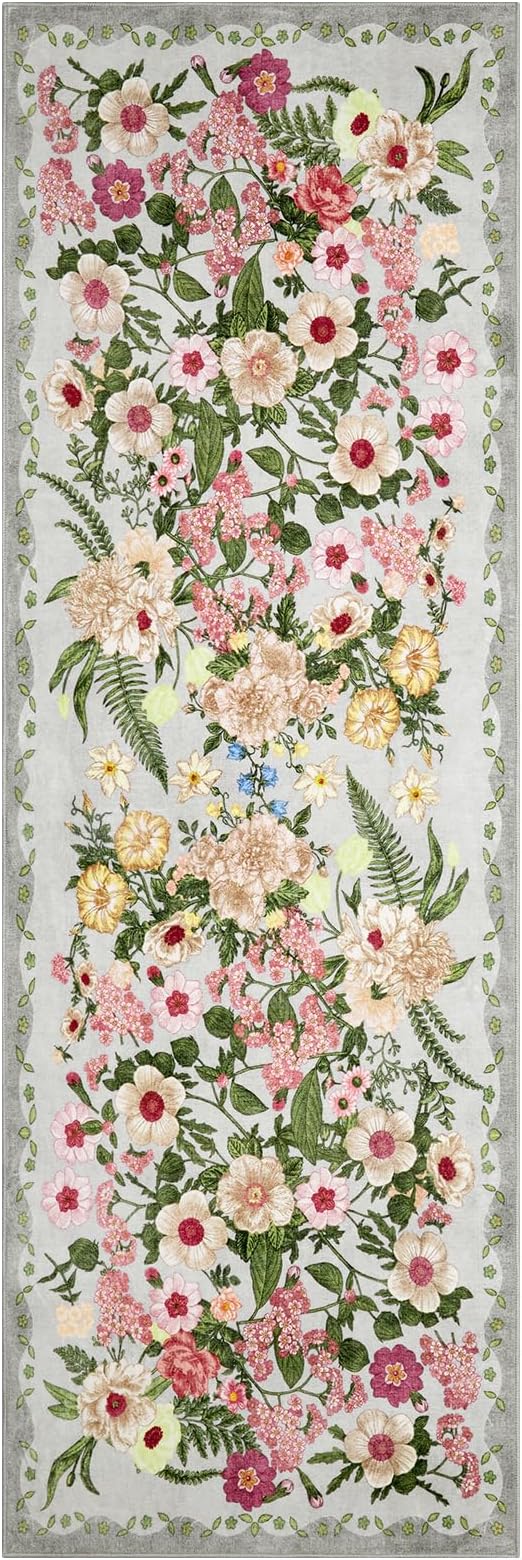 Floral Runner Rug 2x6 - Washable Vintage Kitchen Rug Low Pile Non-Slip Carpet for Entryway Hallway, Laundry, Bedroom - Soft, Stain Resistant Indoor Area Rug - Grey