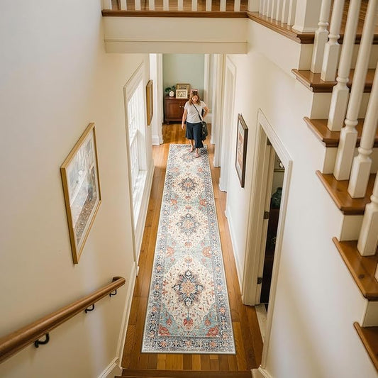 Area Rugs 2'x10' Washable Non-Slip, Floral Vintage Distress Print Pattern Medallion Carpet for Living Room Bedroom Dining Room, Beige Navy Blue Orange Colorful