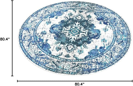 SAFAVIEH Monaco Collection 6'7" Round IvoryBlue MNC243A Boho Chic Medallion Distressed Non-Shedding Living Room Dining Bedroom Foyer Area Rug