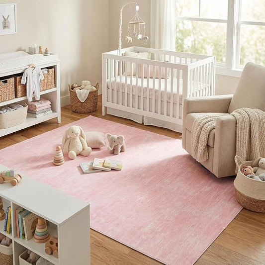 Garvee 5x7 Kids Room Rugs Washable Bedroom Rug Non Slip Stain Resistant Solid Color Rug Non Shedding Low Pile Carpet Foldable Minimalist Mats for Living Room, Dining Room, Pink