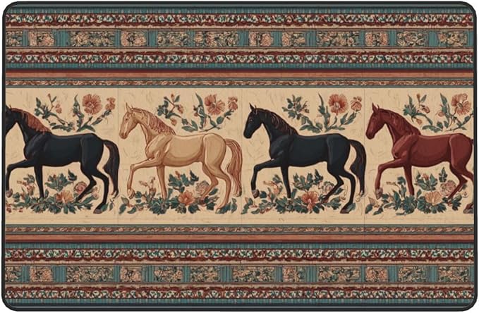 Horse Western Boho Ethnic Style Area Rug Washable Outdoor Rugs Anti-Slip Soft Carpet Entryway Indoor Door Mat for Bedroom,Living Room,Porch,Terrace and Entrance Decor 3'x 2'