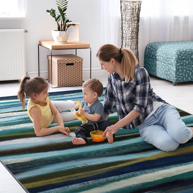 Abstract 8x10 Area Rug, Modern Stripe Teal Rugs for Living Room, Washable Soft Large Non-Slip Floor Carpet for Dining Room Office Bedroom Farmhouse Decor - Teal/Multi