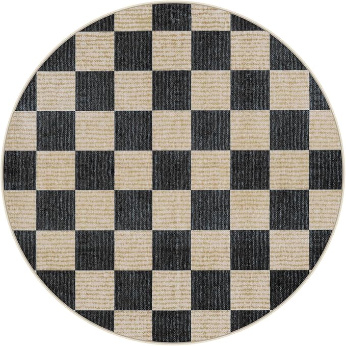 LIVEBOX Checkered Round Rug 6 Ft Washable Area Rug for Playroom, Kids Non-Slip Neutral Classic Circle Rug Geometric Large Carpet Soft Boys Rug for Classroom Dorm Bedroom(Black,180R)