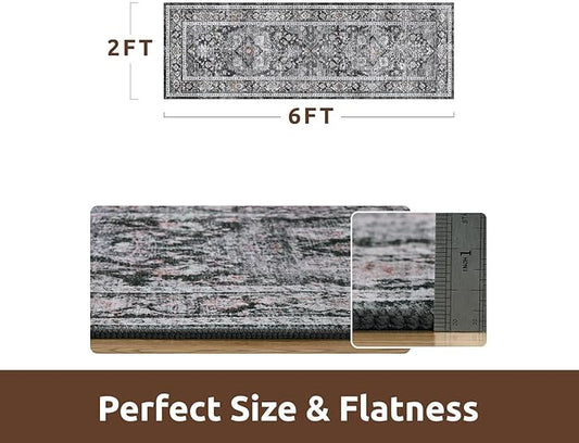 AMOAMI-2X6 Runner Rug-Washable Runners for Hallways-Soft Non Slip Bedside Rugs for Bedroom-Vintage Long Rug for Hallways Entryway Laundry Room Stair Kitchen Bathroom Dark Grey & Black