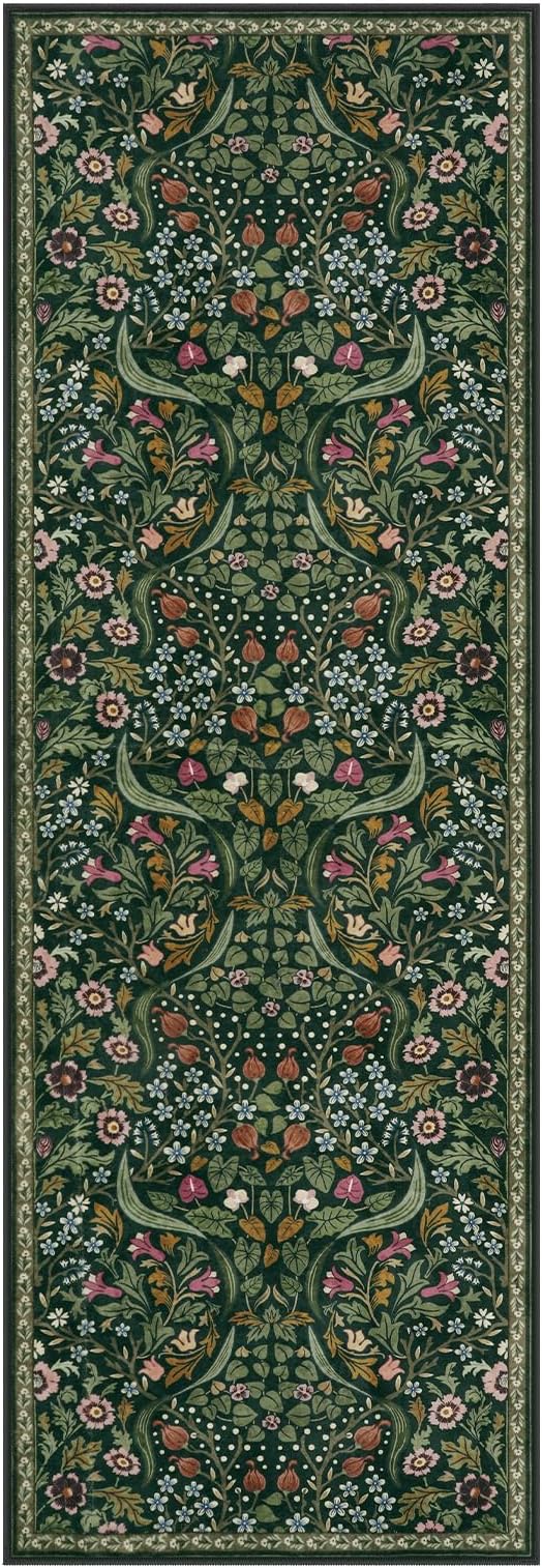 Lahome Floral Hallway Runner, 2x6 Green Washable Runner Rug for Kitchen Non Slip, Soft Stain Resistant Long Carpet for Bathroom Entryway with Rubber Backing