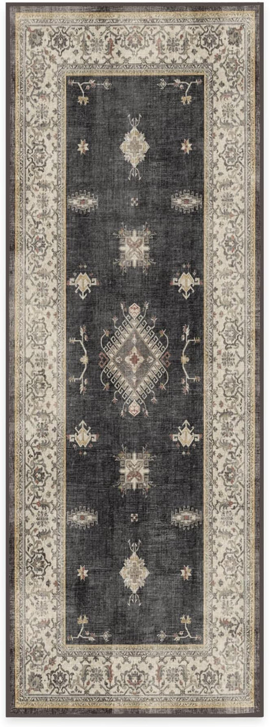 RUGGABLE Washable Vintage Runner Rug – Verena Dark Wood 2.5x7, Stain-Resistant, Non-Slip Hallway Runner – Machine Washable Rug for Hallway, Entryway, Living Room & Kitchen–with Standard Pad