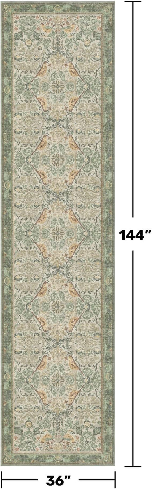 12ft Extra Long Vintage Runner Rugs for Hallways - 3x12 Wide Kitchen Runners, Entryway Rug, Sage Boho Design with Flowers and Leaves, Washable Non Slip Low Pile