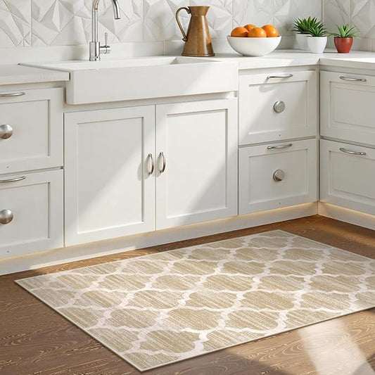 Lahome Moroccan Runner for Hallway - 2x4 Area Rug Washable Non-Slip Soft Bathroom Runner Ultra-Thin Small Kitchen Mat, Modern Print Distressed Floor Runners for Entryway Bedroom ((Taupe, 2'x4')