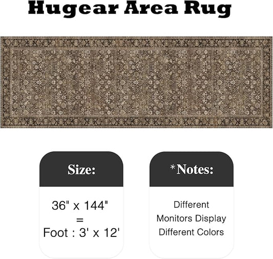 HUGEAR 3x12 Runner Rug Machine Washable Brown Hallway Area Rug Indoor Accent Rug Floral Low Pile Carpet Soft Throw Rug Bedroom Living Room Office Dining Room Kitchen Laundry Room Non Slip