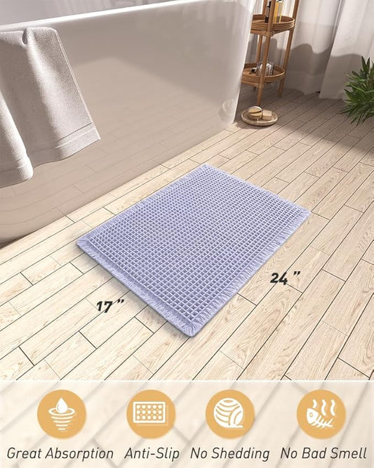 AMOAMI Upgraded Waffle Bath Mat, Super Absorbent Non Slip Bath Mats for Bathroom Floor, Machine Washable Bathroom Rugs with Tassels, Rubber Backed Bathroom Mats, Ultra Soft, 17" x 24",Purple