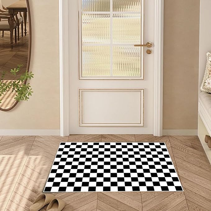 Checkered Rug 2x3 Black and White Rug Modern Entryway Indoor Small Carpet Washable Checkered Bathroom Mat Low-Pile Non-Slip Floor Carpet for Bedroom Kitchen Entryway (Black and White, 2x3ft)