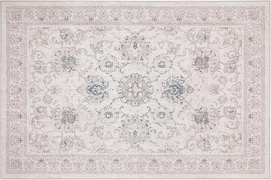 Phantoscope Washable Area Rug 6'x9' Non-Slip, Vintage Neutral Rugs for Living Room, Bedroom, Dining Room, Distressed Boho Floral Medallion Pattern, Low-Pile Foldable Floor Carpet, Cream Beige/Neutral
