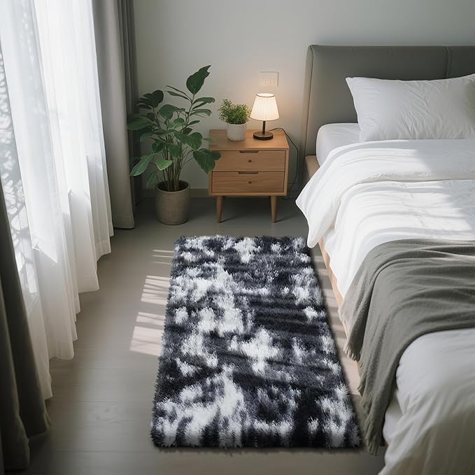 Soft Runner Rugs for Bedroom, Mottling Black 2x6 Area Rugs Fluffy Rug Shaggy Area Rug Carpet, Bedside Rug for Living Room Bedroom Kids Room Home Decor