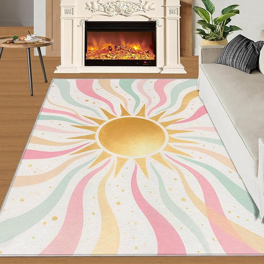 Boho Sun Area Rugs 3x4ft, Minimalist Sunburst Kids Bedroom Rug, Abstraction Deco Bedside Rug Durable Non Slip for Cafe Living Room Under Table Boys Room Decor