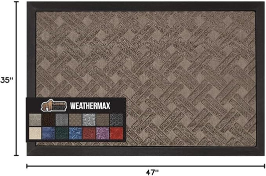 GORILLA GRIP 100% Waterproof All-Season WeatherMax Doormat, 47x35, US Designed Natural Rubber, Stain and Fade Resistant, Low Profile Indoor Outdoor Door Mats, Easy Clean Patio Mat, Taupe Basket Weave