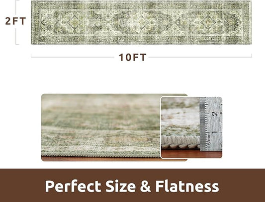 AMOAMI-2X10 Runner Rug-Washable Runners for Hallways-Soft Non Slip Bedside Rugs for Bedroom-Vintage Long Rug for Hallways Entryway Laundry Room Stair Kitchen Bathroom Green