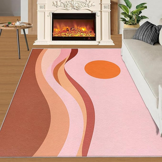 Boho Sun Area Rugs 6x8ft, Minimalist Sunburst Living Room Area Rug, Abstraction Deco Play Rug with Carpet Tape Double Sided for Bedroom Office Home Decor
