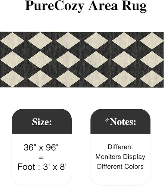 3x8 Runner Checkered Rug for Hallways Black Washable Long Carpet Non-Slip Low Pile Boho Indoor Accent Throw Rug for Entrance Kitchen Bedroom Dining Laundry