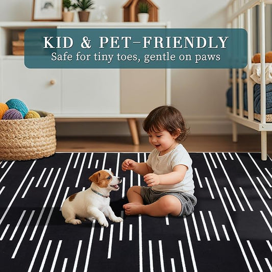 YIHOUSE Abstract Washable Rug 6x9,Ultra Thin Non Slip Black Rugs for Living Room,Modern Minimalist White Stripe Rugs for Bedroom,Dining Room Office Playroom (6'x9',Black-3)
