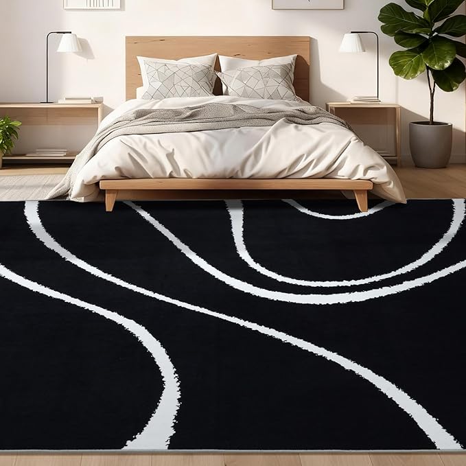 YIHOUSE Abstract Washable Rug 8x10,Ultra Thin Non Slip Black Rugs for Living Room,Modern Minimalist White Stripe Rugs for Bedroom,Dining Room Office Playroom (8'x10',Black-2)