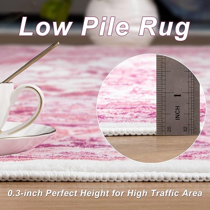 5x7 Bright Pink Area Rug for Living Room, Machine Washable Rugs with Non-Slip Backing for Girls Bedroom, Cute Vintage Carpet for Kitchen Laundry Kids Room