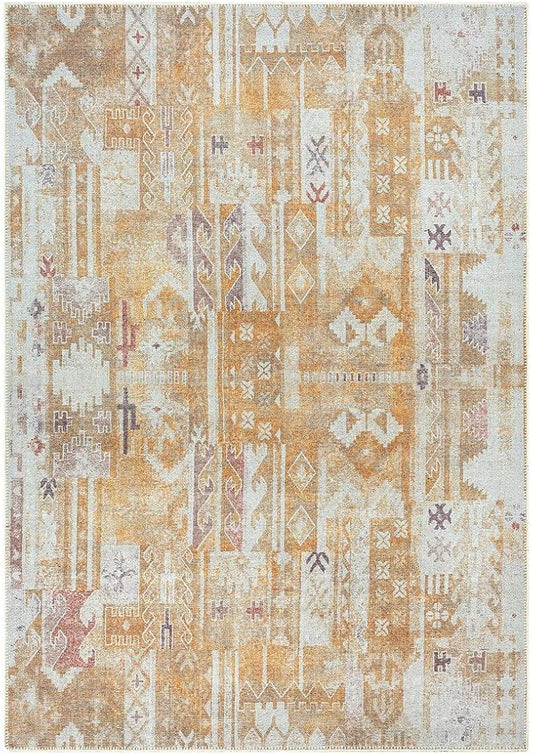 GLN Rugs Traditional Collection - Machine Washable Area Rug, Traditional Washable, Non Slip, Low Pile Chenille Rug, Living Room, Bedroom, Kitchen Rug (5' x 7' Sand/Light Gray)