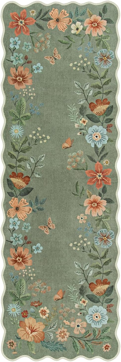 Lahome Floral Runners for Hallways, 2X6 Kitchen Runner Rug Ultra-Thin Soft, Non-Slip Hallway Rug Stain Resistant Boho Low-Pile Carpet for Laundry Bathroom Bedroom(2x6ft,Green)
