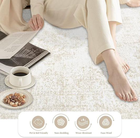 Vintage Living Room Area Rug - 6x9 Large Machine Washable Boho Moroccan Rug Distressed Farmhouse Rugs for Bedroom - Soft Non-Slip Indoor Carpet for Dining Room Office Nursery(Ivory, 6'x9')